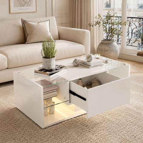 Plcnn - Table de Salon avec Tiroirs et LED - Table Basse avec Étagère en Verre - Haute Brillance Moderne - pour Salon, Bureau - 100 x 50 x 35 cm - Blanc (1/5)