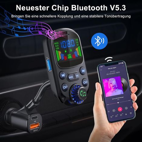 Trasmettitore FM Bluetooth 5.3 per auto, compatibile con la ricarica rapida QC3.0 e PD3.0, doppia ricarica USB da 30 W, sistema radio per auto vivavoce con regolazione di bassi e alti, compatibile con (1/5)