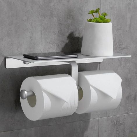 1 Porte rouleau papier toilette double avec étagère téléphone, support mural aluminium argent, sans perçage ou à visser, pour salle de bain (1/5)
