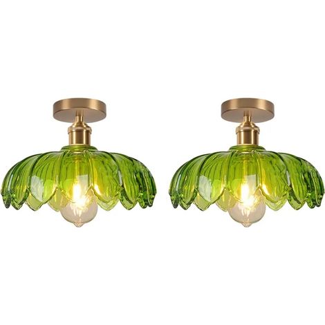 2pcs Plafonnier Moderne,Lampe de Plafond Vintage Abat-jour en Verre Design Fleurs 25cm Lustre Rétro pour Salon Chambre,Vert (1/5)