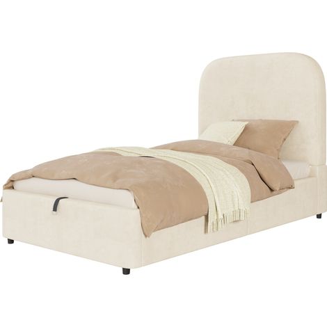 Lit coffre 90x200 cm pour enfant, capitonné en velours beige, tête de lit rembourrée, rangement hydraulique, sommier inclus, idéal petite chambre - CHICFURN (1/5)