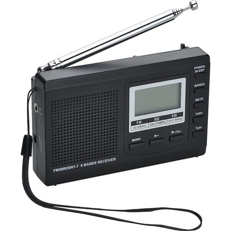 Récepteur radio portable 9 bandes avec haut-parleur et casque, affichage de l'heure 12/24 h, rétroéclairage, alarme, excellente réception (1/5)