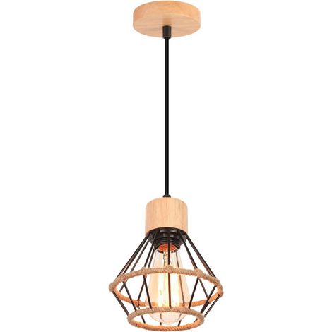 Lustre Suspension Industrielle Luminaire Suspension E27 Vintage Métal et Bois Lampes de Plafond Abat-Jour Ø160mm Plafonnier Chanvre Corde Séjour Chambre Cuicine (1/5)