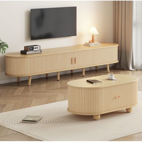Ensemble meuble TV et table basse 170/40/42 cm en MDF noyer clair avec tiroirs et rangements (1/5)