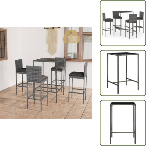 Ensemble de bar de jardin 5 pcs et coussins Résine tressée Gris - Ensemble Salon De Jardin - Mobilier De Jardin - Set De Bar Extérieur - Table Basse Extérieure - Chaises Pliantes (1/5)