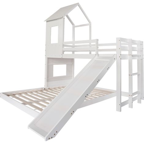 Lit superposé enfant avec toboggan maison blanc 90x200 et 140x200 cm (1/5)