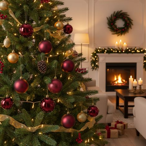 Pallina per albero di Natale bordeaux lucida con gancio dorato, set da 5 pezzi (1/4)