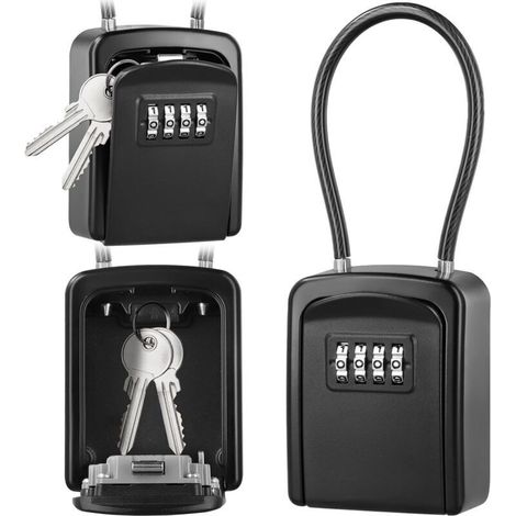 Boîte à Clé en Câble Métallique, Boîte à Clé Sécurisée Combinaison à 4 Chiffres Extérieur étanche, pour Entrepôts, Porte, Garages, Entrées de Secours - Noir
