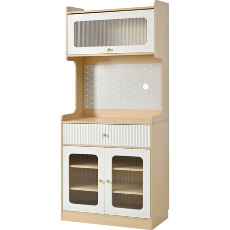 Buffet Haut Cuisine Finition Bois Naturel avec Portes en Verre Strié et Éclairage LED, Meuble Salle à Manger 80x40x180 cm (1/5)