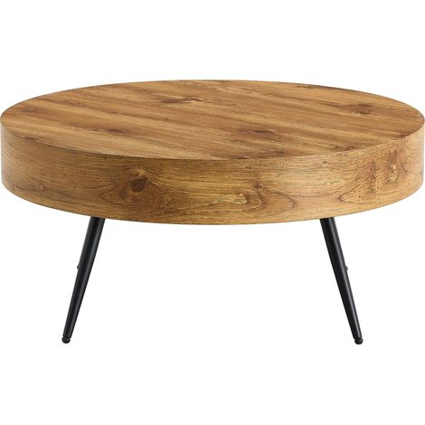 CHICFURN Mesa de centro redonda de 70 cm en MDF con efecto madera y patas de metal negro, estilo escandinavo minimalista para salón, balcón o despacho pequeño (1/5)