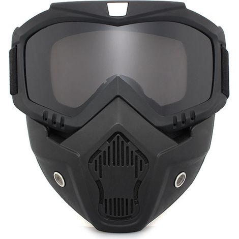Abnehmbare, winddichte Motorradbrille für den Offroad-Einsatz, Gesichtsschutz mit schwarzem Rahmen und grauen Gläsern.