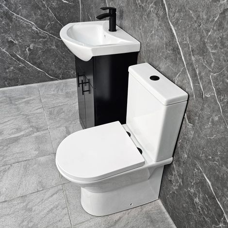 Black Vanity Unit with Black Handles 550mm Closed Back Toilet Bathroom Suite, With Tap & Waste