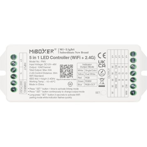 MiBoxer PW5 LED-Controller (20A, 12-48V, WiFi+2.4G) für Mono/CCT/RGB/RGBW/RGB+CCT-Streifen (1/3)