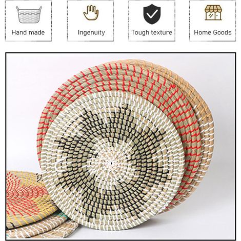 Cesta decorativa de pared, artesanía vietnamita hecha de cuerda de plástico de colores, de estilo bohemio, 35 cm de diámetro, decoración para el hogar, jardín, playa, regalo para fiestas. (1/5)