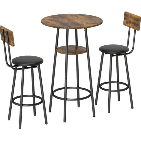 Conjunto de mesa alta industrial con 2 taburetes acolchados, metal y madera color rustico marron (1/5)