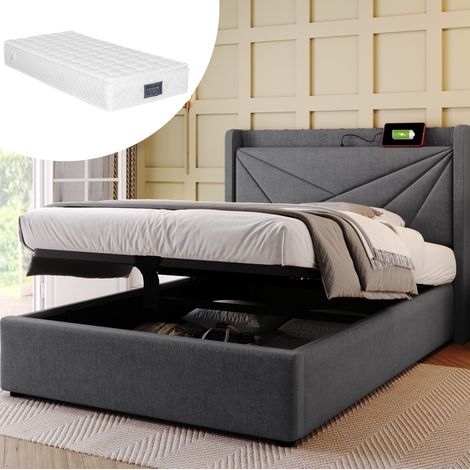 Stauraumbett Einzelbett 90x200 cm Grau aus Baumwoll-Leinen mit USB-C und Bettkasten (1/5)