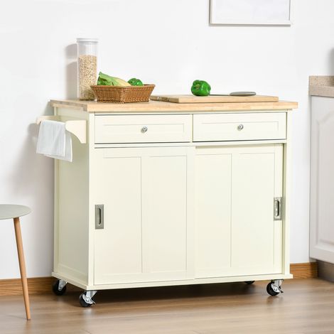 Kücheninsel aus Holz und MDF mit Schubladen, Schrank und Handtuchhalter, 4-rädriger Küchenwagen für Utensilien, 110 x 49,5 x 89,5 cm, Weiß