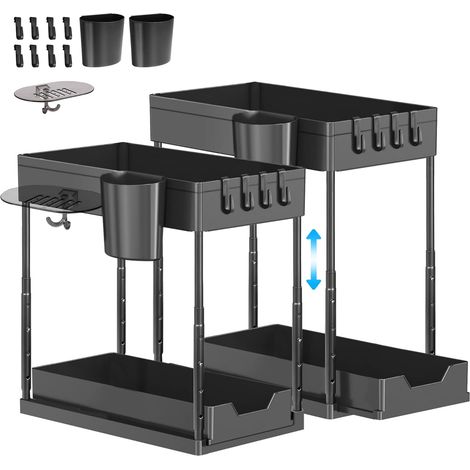 Eufrozy Rangement Sous Evier 2 Niveaux, Organisateur à Hauteur Réglable avec 8 Crochets/2 Tasses/1 Porte-savon, Étagère sous Évier Coulissant pour Cuisine Salle de Bain (Lot de 2)