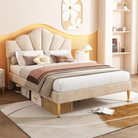 Lit 140x190 velours, tête de lit coquille beige HAVRYA (1/5)