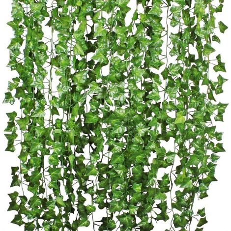 Ensemble de 12 guirlandes de lierre artificiel vertes à suspendre à la maison, dans la cuisine, le jardin, le bureau, pour un mariage ou comme décoration murale. (1/5)