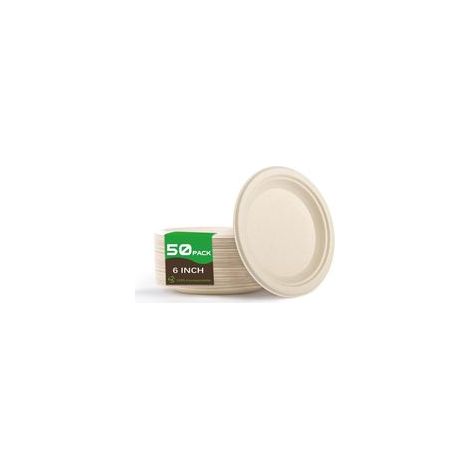 50 Pcs Assiettes Jetables, Assiettes Rondes en Canne à Sucre Biodégradables, Vaisselle en Carton Écologique pour Fête Anniversaires Camping Pique-Niques Barbecues (15.2cm, Couleur du Bois) (1/5)
