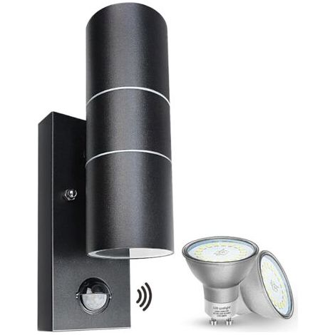 Applique murale d'extérieur à LED avec détecteur de mouvement PIR IP44, noire, avec 2 ampoules GU10 de 5 W, blanc chaud/3 000 K