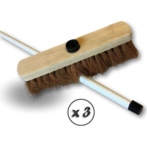 Balai de ménage en fibres de coco naturel Semelle bois Douille vissante plastique - Lot de 3 - Manche acier gainé (1/5)