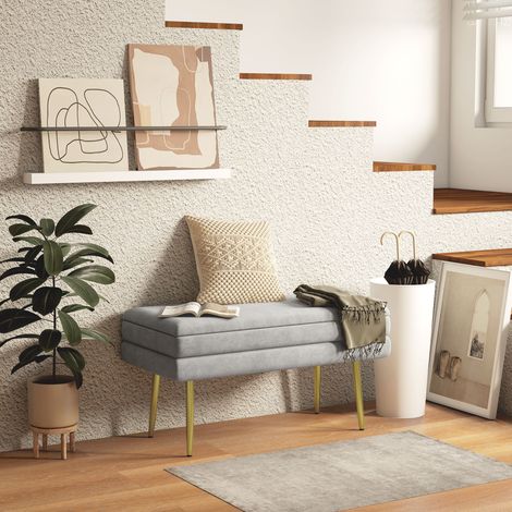 Banc banquette coffre de rangement 2 en 1 assise aspect velours et pieds acier - 79.5L x 37.5P x 43H cm gris et doré