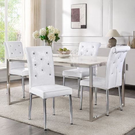 Set di 2 sedie da pranzo bianche in PVC con gambe metalliche e bottoni in vetro (1/5)