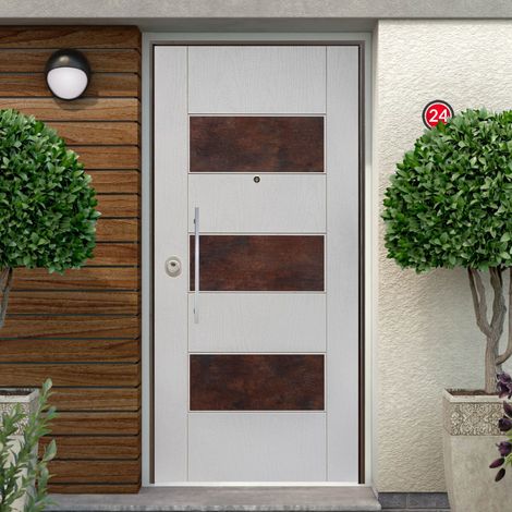 Portone Blindato per Esterno con Pannello Bianco e Inserti Corten (1/4)