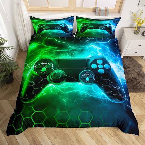 Parure de lit avec housse de couette 135 x 200 cm, motif jeux vidéo, motif géométrique, motif nid d'abeilles, vert et bleu, pour enfants garçons et filles (1/5)