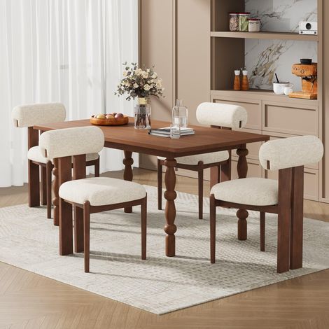 Lot de 4 chaises de Salle à Manger Modernes, chaises rembourrées avec Pieds en Bois et Dossier cylindrique Design, pour Salle à Manger, Cuisine, Restaurant – Pieds Brun foncé, Beige (1/5)