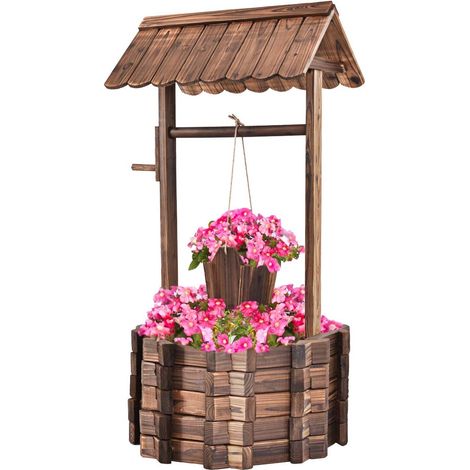 Costway – Fontaine de jardin en bois carbonisé 56 x 56 x 114 cm – Puits décoratif avec seau pour plantes – Assemblage facile et durable (1/5)