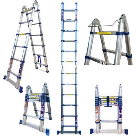 KELI - Echelle Télescopique Double Plan 3,8M, Echelle Pliante 2 en 1, Fabriquée en Aluminium, Qualité Professionnelle, Certification 150 kg, EN131