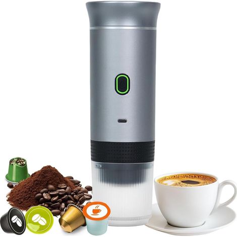 Cafetera portátil, cafetera expreso eléctrica 3 en 1, calentamiento rápido, compatible con cápsulas de café molido pequeñas (gris) (1/5)