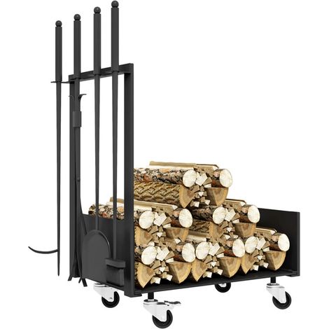 Range-bûches à roulettes, nombreux accessoires, structure métallique, charge maximale 60 kg, 48 x 30 x 76 cm, noir (1/5)