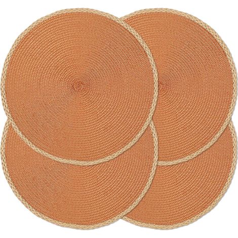 Lot de 4 sets de table ronds tressés, 38,1 cm, sets de table tissés, antidérapants et lavables à bord fin pour décor de table de cuisine et de salle à manger (Orange, 4)'Bord Fin Marron, Orange 4 pcs'