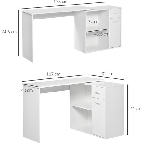Bureau d'angle avec étagère, étagère en bois blanc, table à manger pivotante à 360°, 173 x 39,8 x 74 cm (1/5)