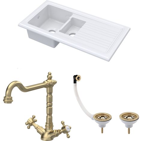 Fireclay Kitchen Bundle - 1.5 Bowl Sink & Drainer, Waste & French Classic Tap, 1010mm - Brushed Brass (1/4)