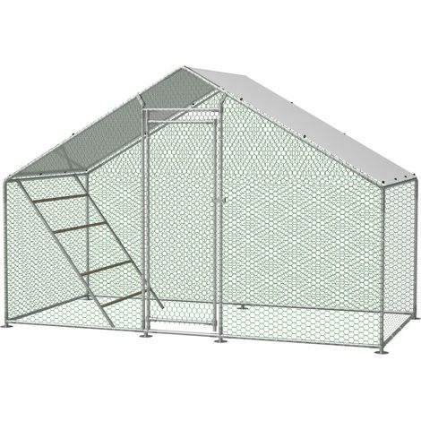 Gabbia per galline con recinto e scala in acciaio zincato grigio 303 x 157 x 200 cm HOMVRA (1/5)