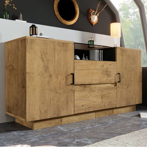 Buffet 140 x 40 x 70 cm avec 2 tiroirs, 2 portes et niche ouverte, chêne clair DESVIAE (1/5)