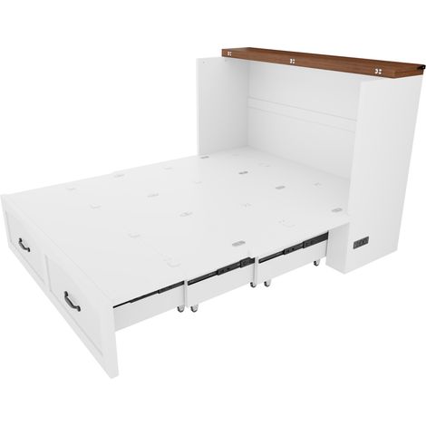 Cama abatible 140 x 200 cm con almacenamiento, estructura metálica, ruedas silenciosas, blanca (1/5)