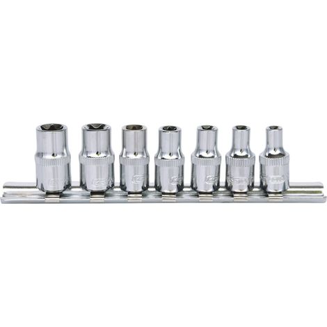 Kstools – Jeu de douilles Torx E 1/4' – Acier chromé vanadium – 7 pièces – Normes DIN 3120 et ISO 1174 – Rail de rangement inclus (1/4)