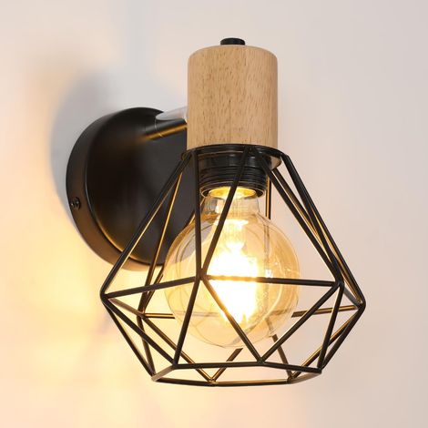 Applique Murale Interieur, Noir Vintage Lampe Murale E27, Orientable Lampe Applique Murale Métal et Bois pour Salon, Chambre, Couloir, Escalier (1/5)