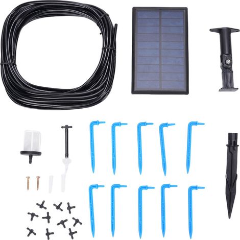 Kit di irrigazione a goccia solare per 10 piante in vaso con 6 modalità timer, portata di 400 ml/min, tubo flessibile da 10 metri, dispositivi di irrigazione automatici, picchetto di supporto incluso,