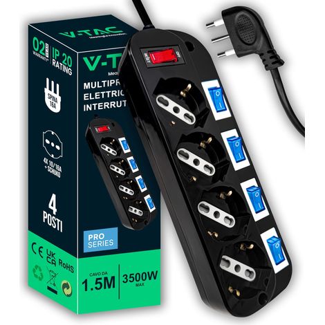 V-TAC Multipresa Elettrica Nera 4 POSTI con Interruttori Indipendenti - 4 Ingressi 10/16A Bipasso + Schuko - Spina 16A - Ciabatta - Presa Elettrica per Casa, Ufficio, Negozio - Cavo 1,5 MT (1/5)