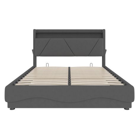 Gepolsterter Bettrahmen mit LED-Beleuchtung, USB Type-C-Ladefunktion und Unterbettaufbewahrung, Stauraum-Kopfteil, hydraulischer Stauraum-Bettrahmen,Ohne Matratze