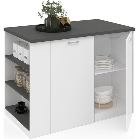 Idmarket – Îlot central de cuisine 120 cm bois blanc – Plan de travail gris anthracite – 2 portes avec étagères ajustables – Dimensions compactes pour espaces ouverts