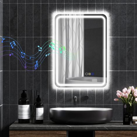 Miroir de salle de bain LED avec Bluetooth, éclairage réglable et fonction mémoire, en verre trempé, 70x50x3,5 cm (1/5)