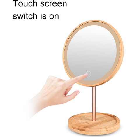 Miroir de maquillage lumineux rond LED bois, lumière chaude, image claire, commande tactile, miroir de beauté à poser avec éclairage doux (1/5)